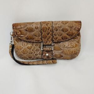 Guess Womens Wristlet Clutch Brown Croc Embossed Patent Animal Print Purse From